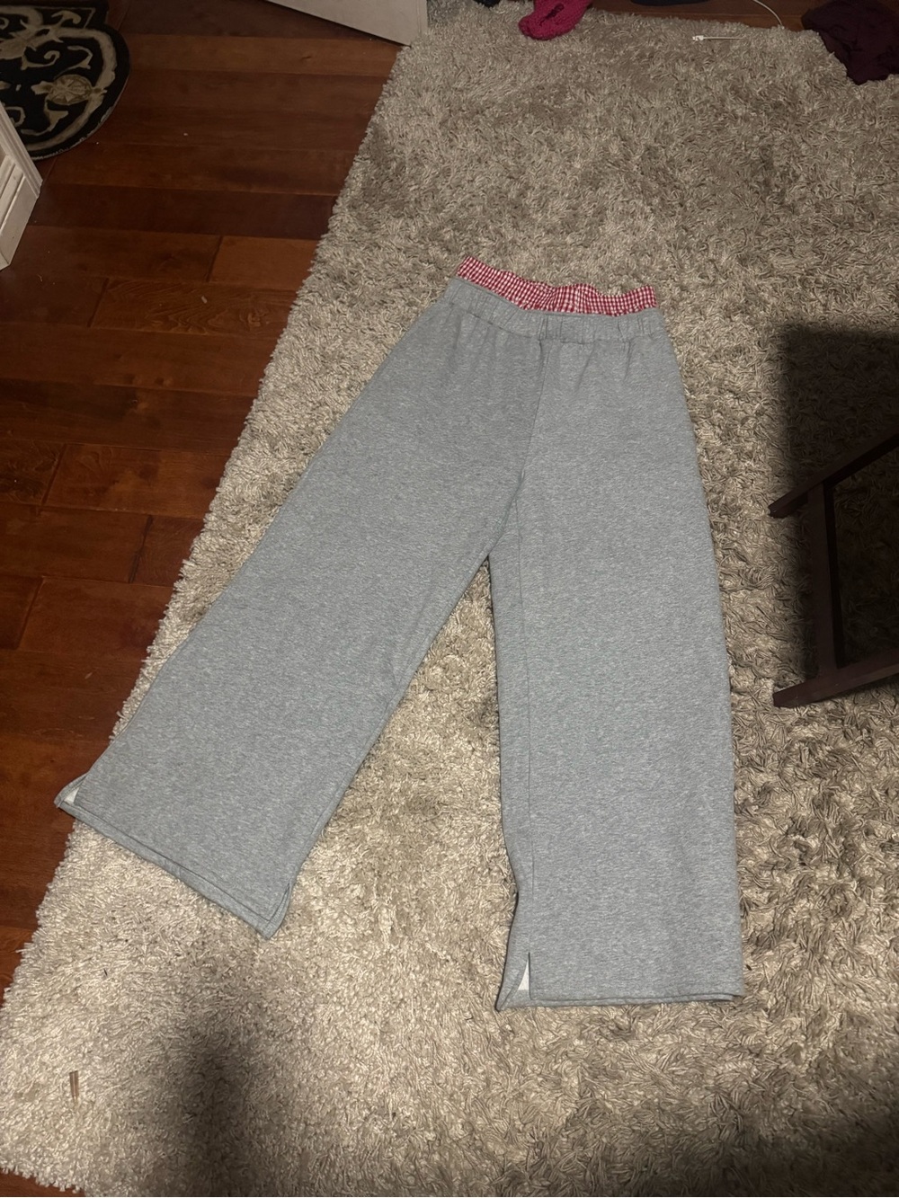 Grey Wide-Leg Lounge Pants with Red Gingham Waistband